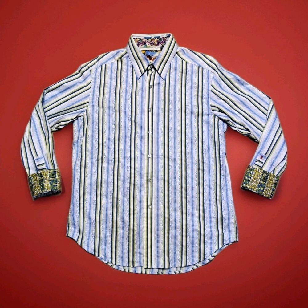 Robert Graham Mens Shirt Medium Jacquard Green Blue Striped Flip Cuff